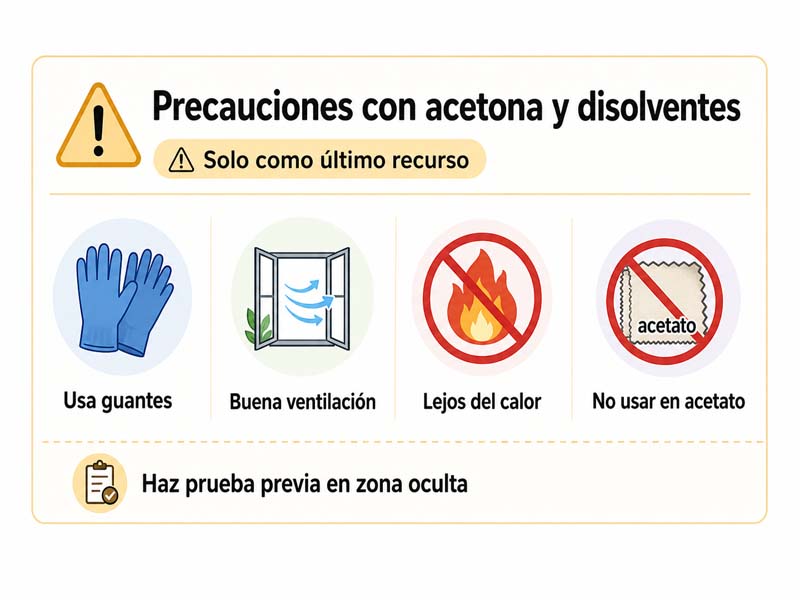 Infografía con precauciones para usar acetona y disolventes: guantes, ventilación, lejos del calor y no usar en acetato