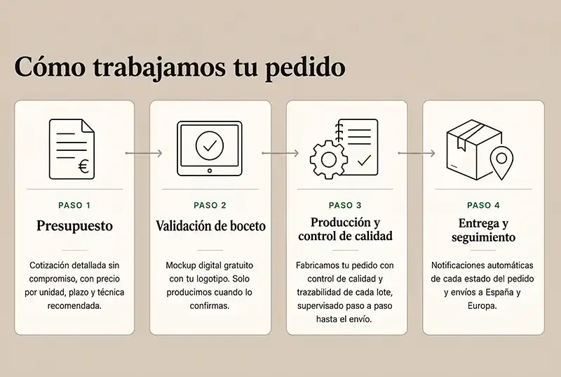 Proceso de pedido de libretas personalizadas en cuatro pasos: presupuesto, validación de boceto, producción y entrega con seguimiento 3-2