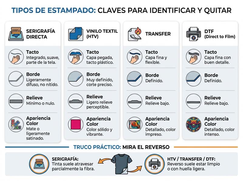 Guía para identificar tipos de estampado textil: serigrafía, vinilo HTV, transfer y DTF según tacto, borde y relieve.