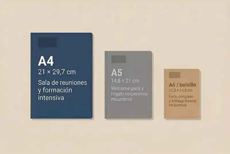 Comparativa visual de tamaños de libretas personalizadas: A4 para sala de reuniones, A5 para welcome pack y A6 para feria y eventos 3-2