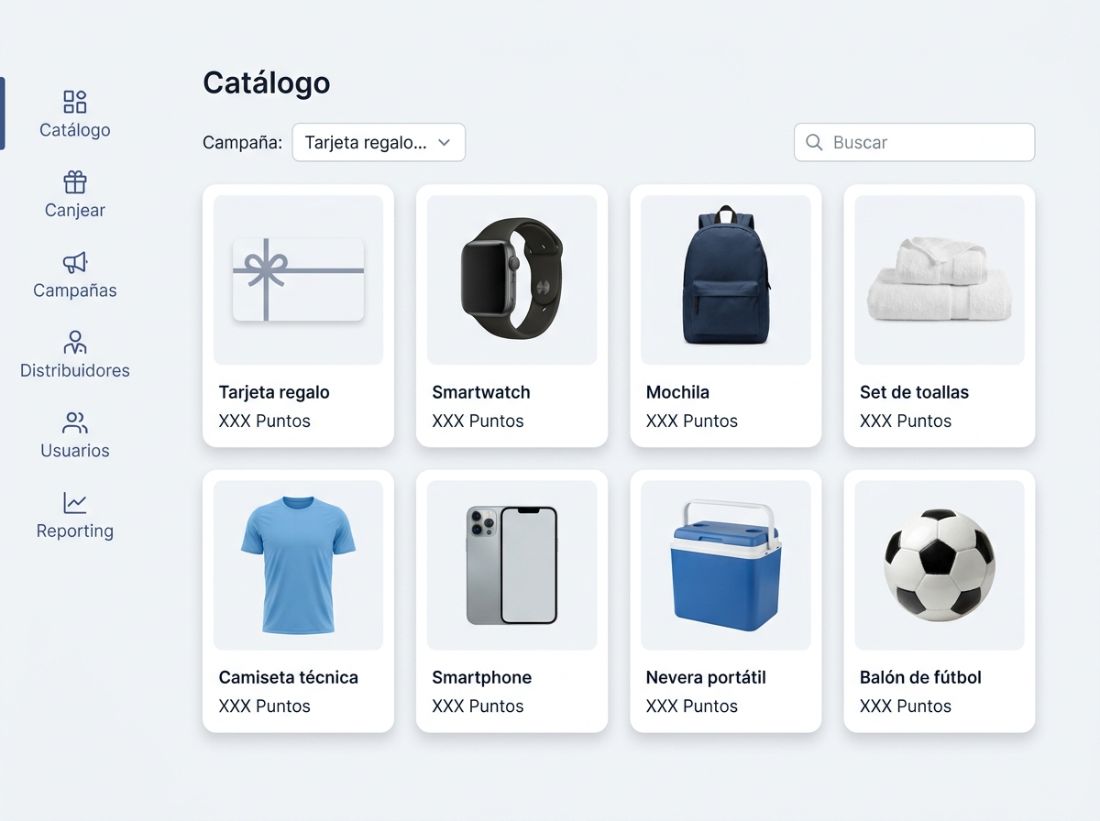 Catálogo de productos de MyBranz: tarjeta regalo, smartwatch, mochila, textil y más, canjeables por puntos