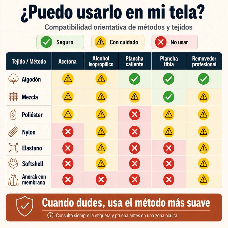 Infografía de compatibilidad entre tejidos y métodos de limpieza como acetona, alcohol isopropílico y plancha