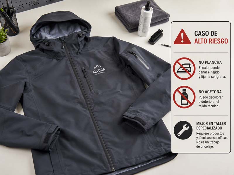 Chaqueta técnica Altura Tech Series con instrucciones de cuidado: no planchar, no usar acetona y mantenimiento profesional