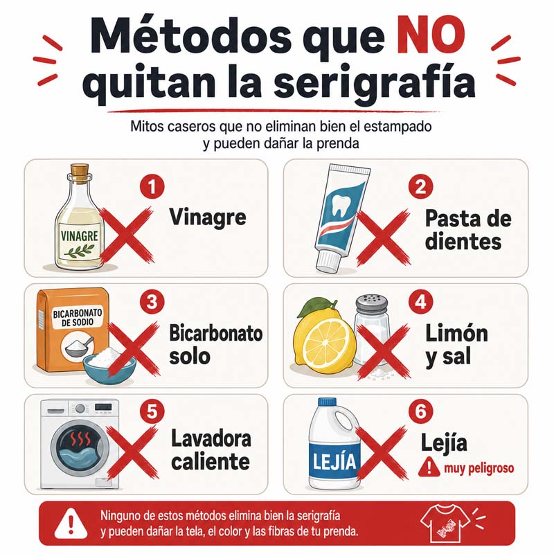 Infografía de métodos caseros que no quitan la serigrafía y dañan la ropa: vinagre, lejía y pasta de dientes