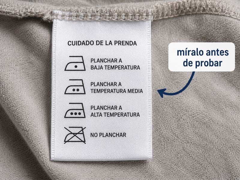 Etiqueta de cuidado de la prenda con símbolos de planchado a diferentes temperaturas y aviso de no planchar