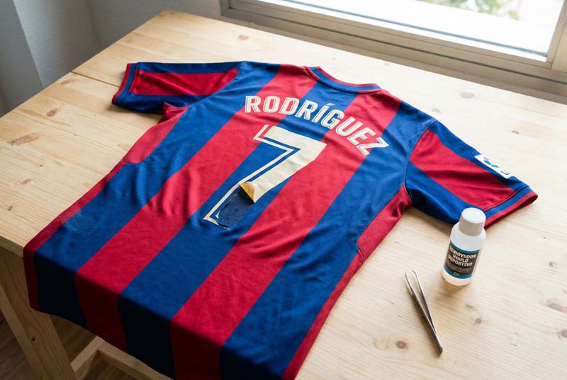 Proceso de eliminación de un dorsal de vinilo en una camiseta de fútbol con un líquido removedor y pinzas