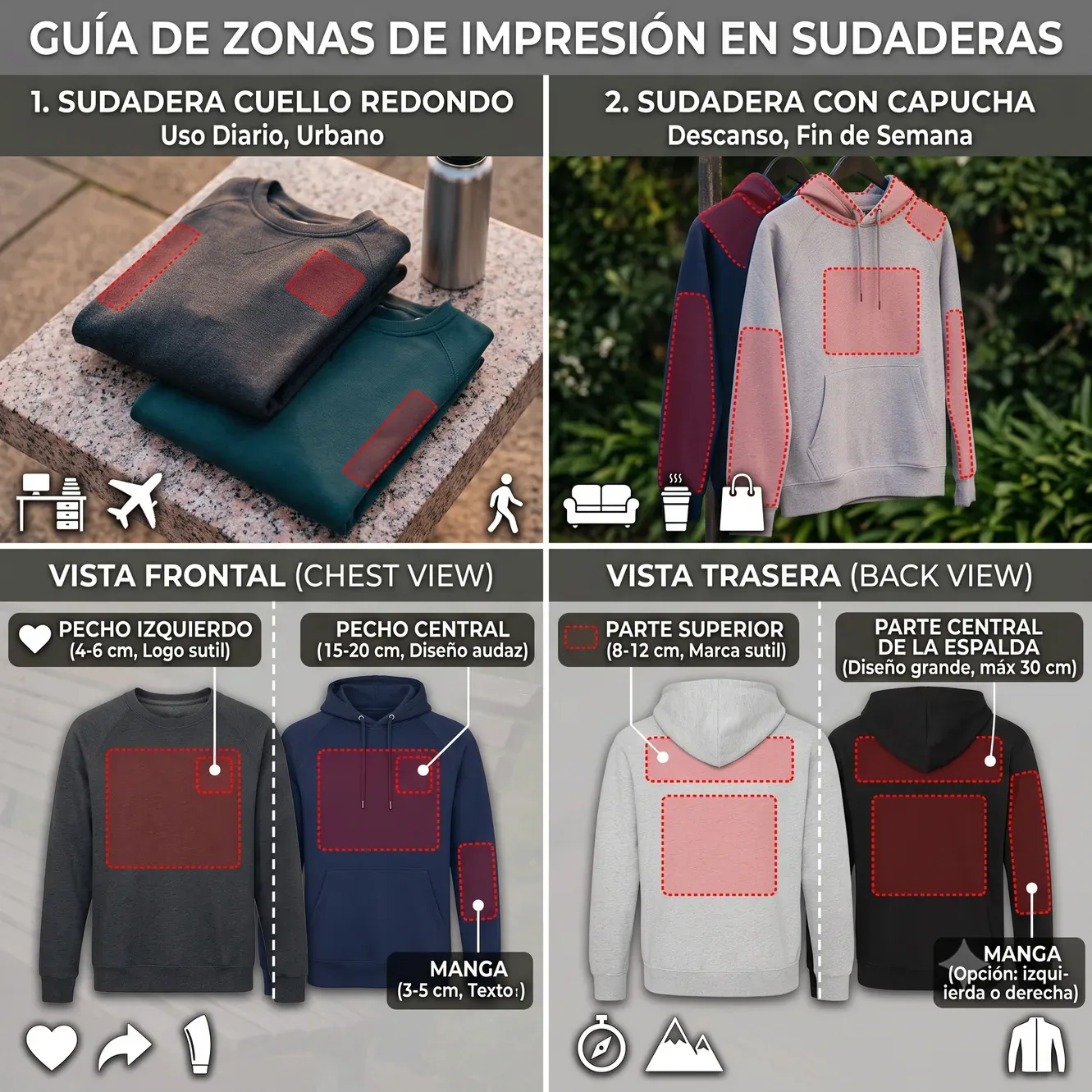 áreas para imprimir sudaderas personalizadas
