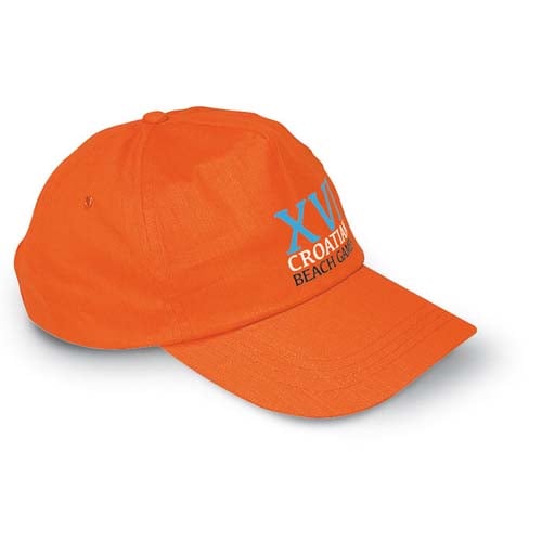 Gorra naranja de algodón con bordado azul y negro que dice "Croatia Beach Games".