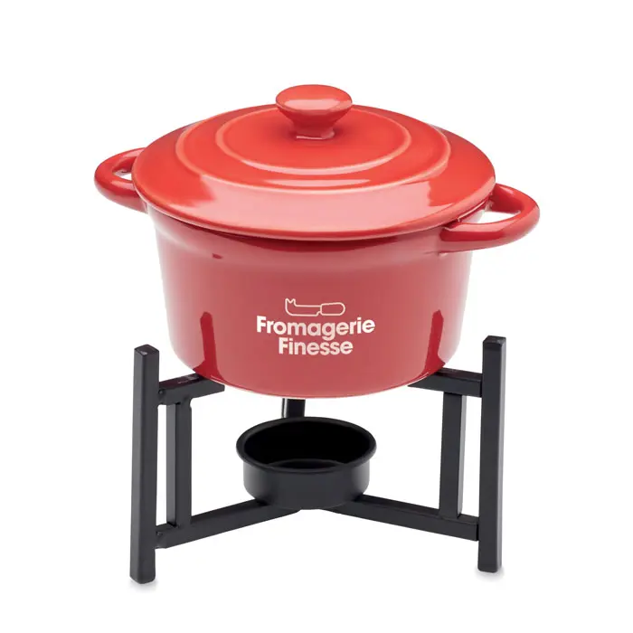 cazuela de fondue roja Fromagerie Finesse con soporte metálico y quemador debajo