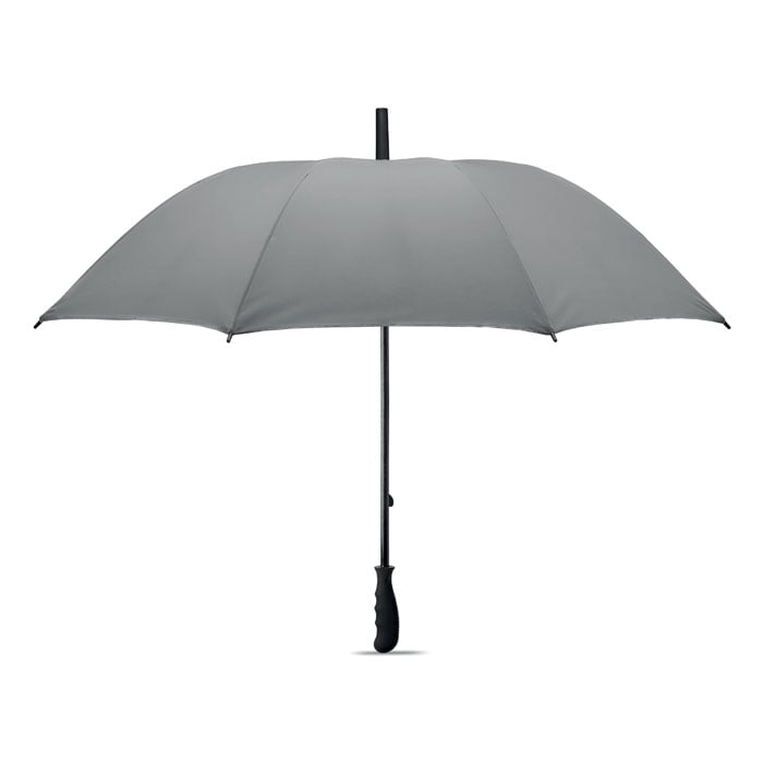 Paraguas grande gris con mango ergonómico negro para protección contra la lluvia.