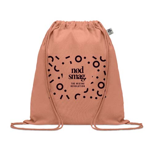 Mochila saco rosa con cordones y estampado negro con texto "nod smag THE MIXING REVOLUTION".