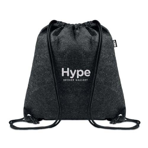 Mochila saco de tela gris oscuro con cordones negros y logo Hype Broker Gallery blanco.