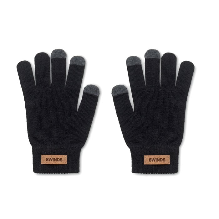 Guantes negros de punto con dedos táctiles grises y etiqueta de cuero 8WINDS.