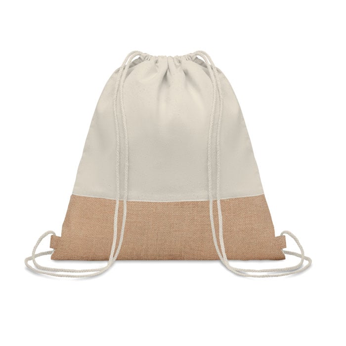 Mochila saco bicolor en beige y marrón claro con cierre de cordón y base de tela tipo yute.