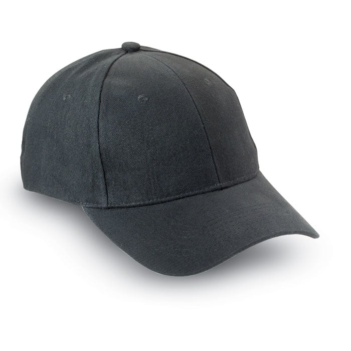 Gorra negra de algodón con visera curva y cierre ajustable.