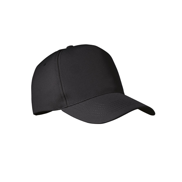 Gorra negra de algodón con visera curva y cierre ajustable.