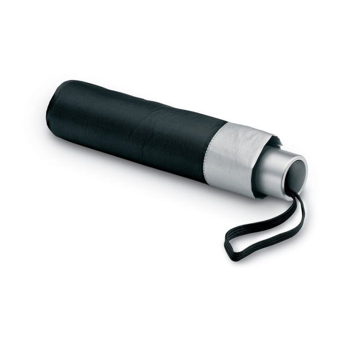 Paraguas compacto negro con funda y asa de cuerda.