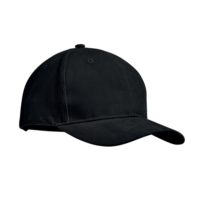 Gorra negra de algodón con visera curva y cierre ajustable.