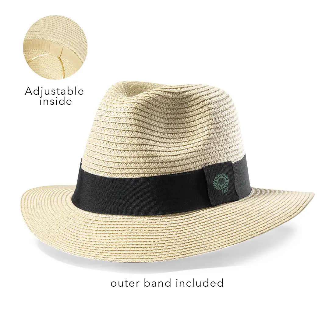 Sombrero de paja beige con cinta negra ajustable en el interior.