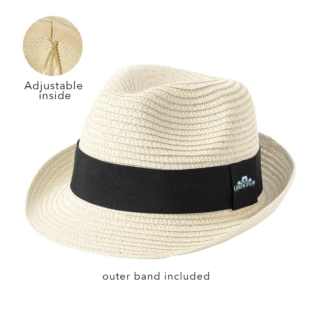 Sombrero de paja beige con cinta negra y ajuste interior.
