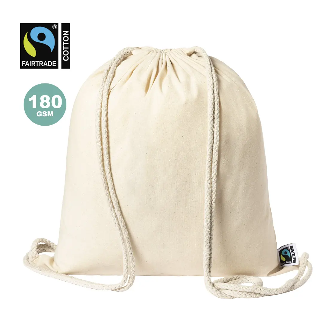 Mochila saco de algodón orgánico color beige con cierre de cordón y certificación Fairtrade.