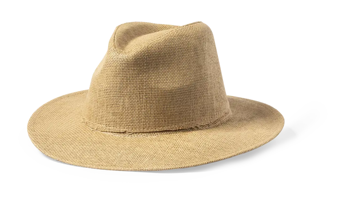 Sombrero de paja beige con ala ancha y copa hundida.