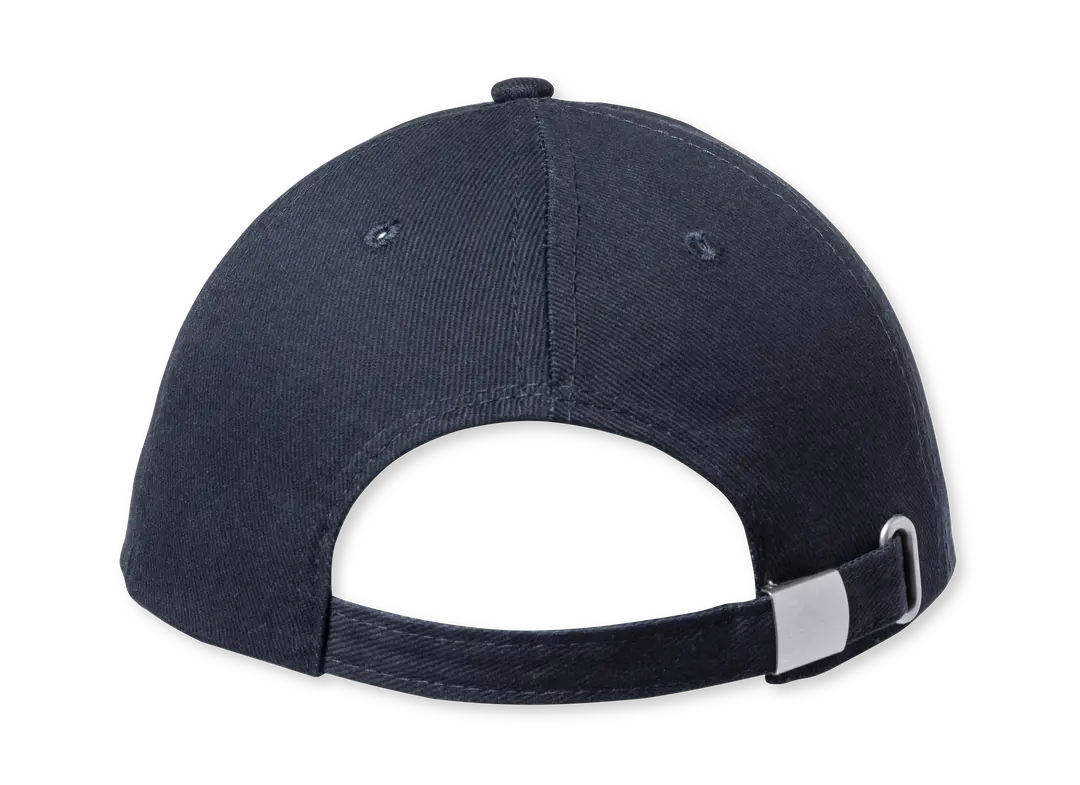 Gorra negra de algodón con cierre ajustable metálico vista desde atrás.