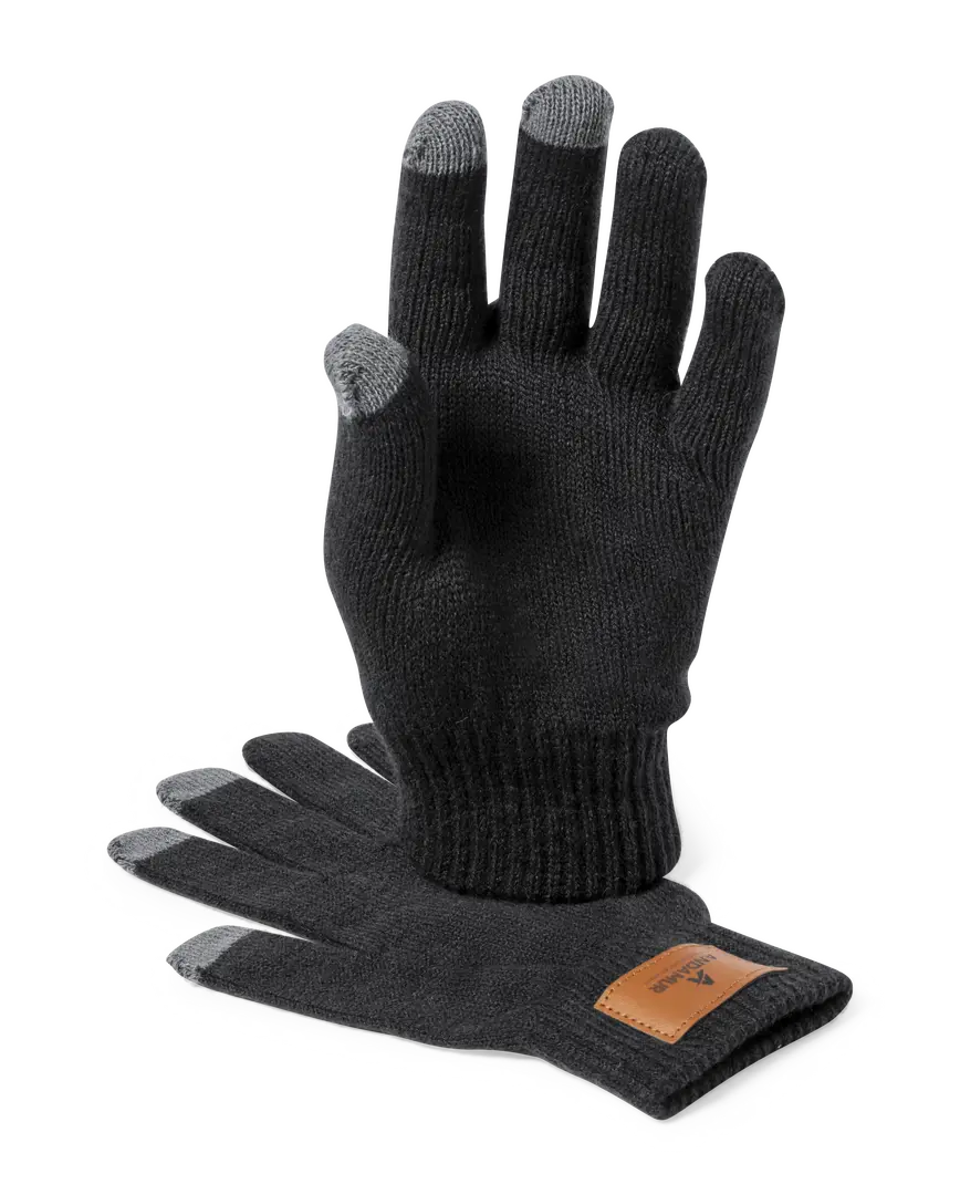 Guantes negros de punto con dedos táctiles grises y etiqueta de cuero.