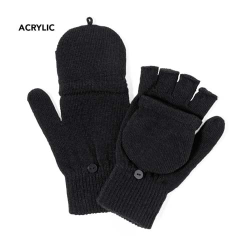 Guantes convertibles de acrílico negros con tapa abatible y botones.