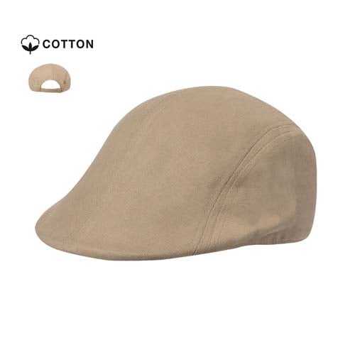 Gorra plana beige de algodón con cierre ajustable.
