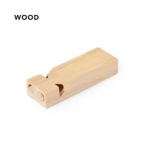 Silbato de madera natural rectangular con diseño sencillo.