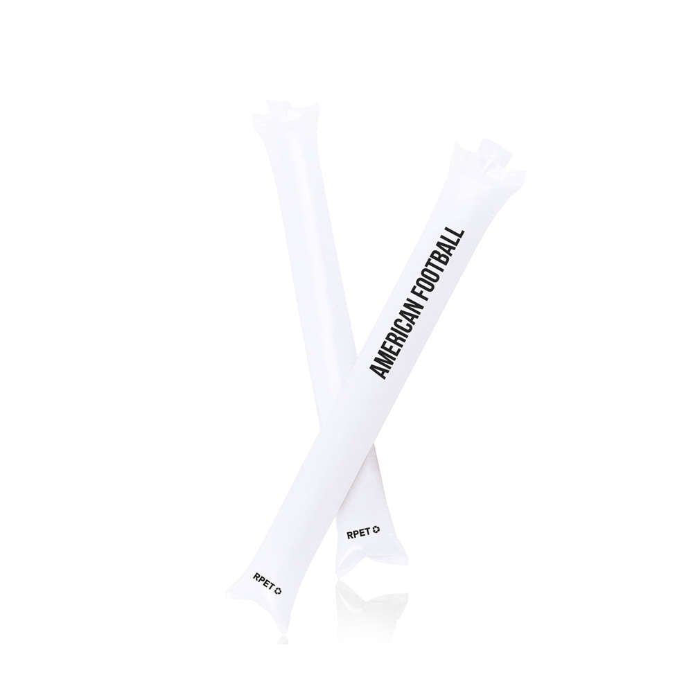Dos globos hinchables blancos con texto negro "American Football" y símbolo de reciclaje RPET.