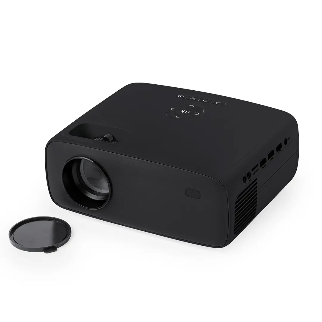 Proyector multimedia compacto negro con lente y tapa desmontada
