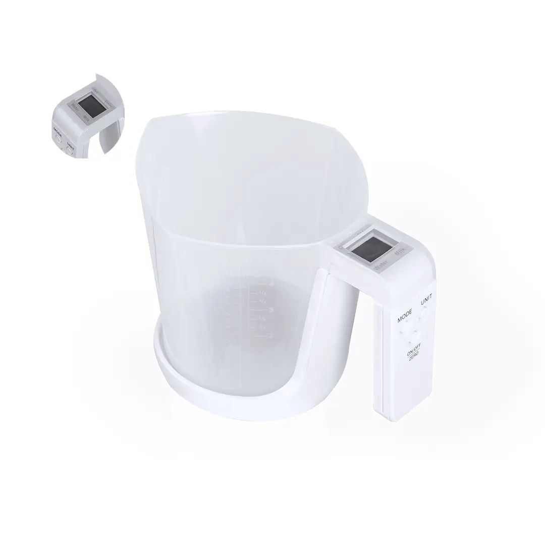 Taza medidora de plástico blanco con balanza digital integrada en el mango
