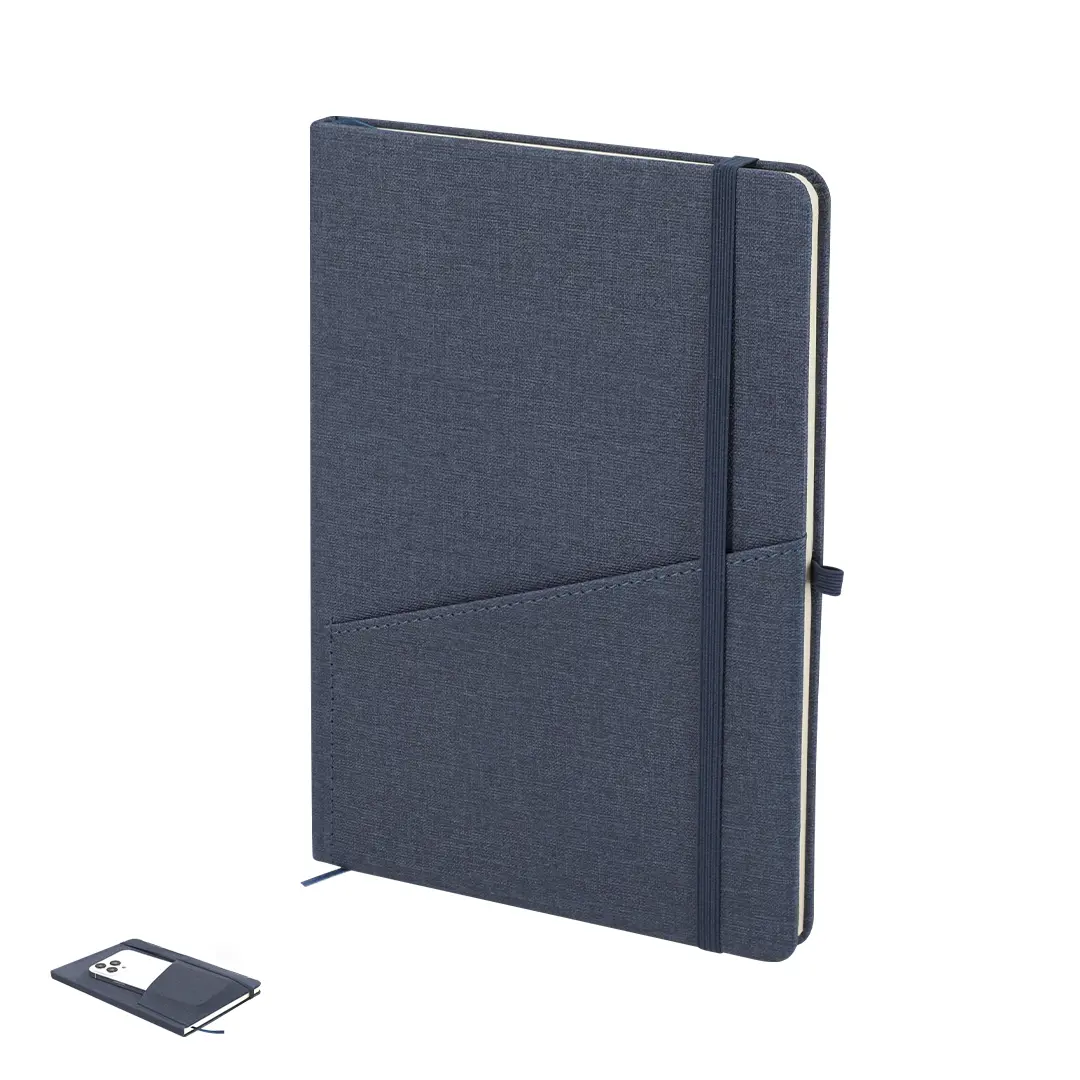 Cuaderno azul con tapa rígida, banda elástica de cierre y bolsillo trasero para móvil