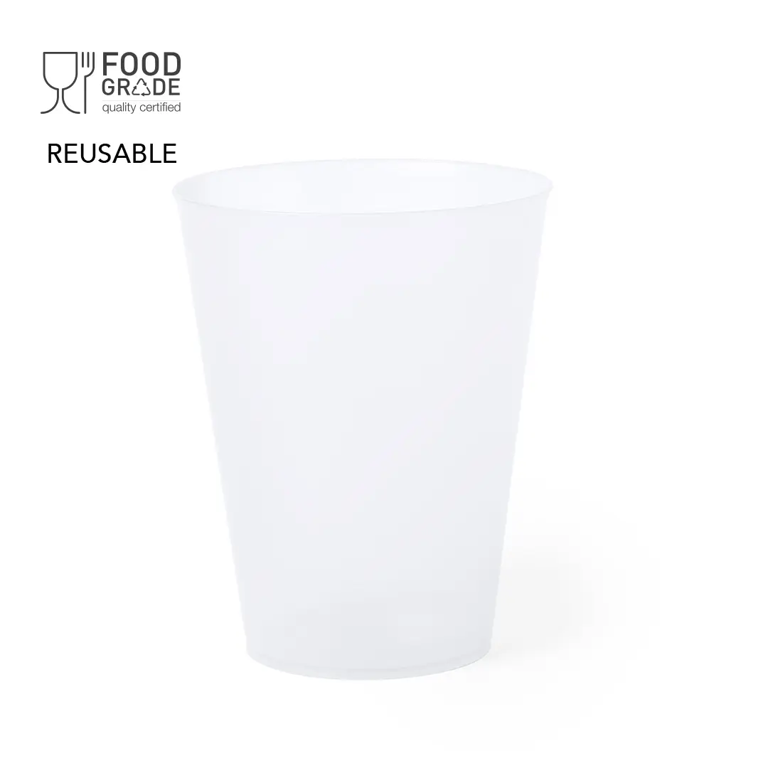 Vaso reutilizable de plástico translúcido apto para alimentos.
