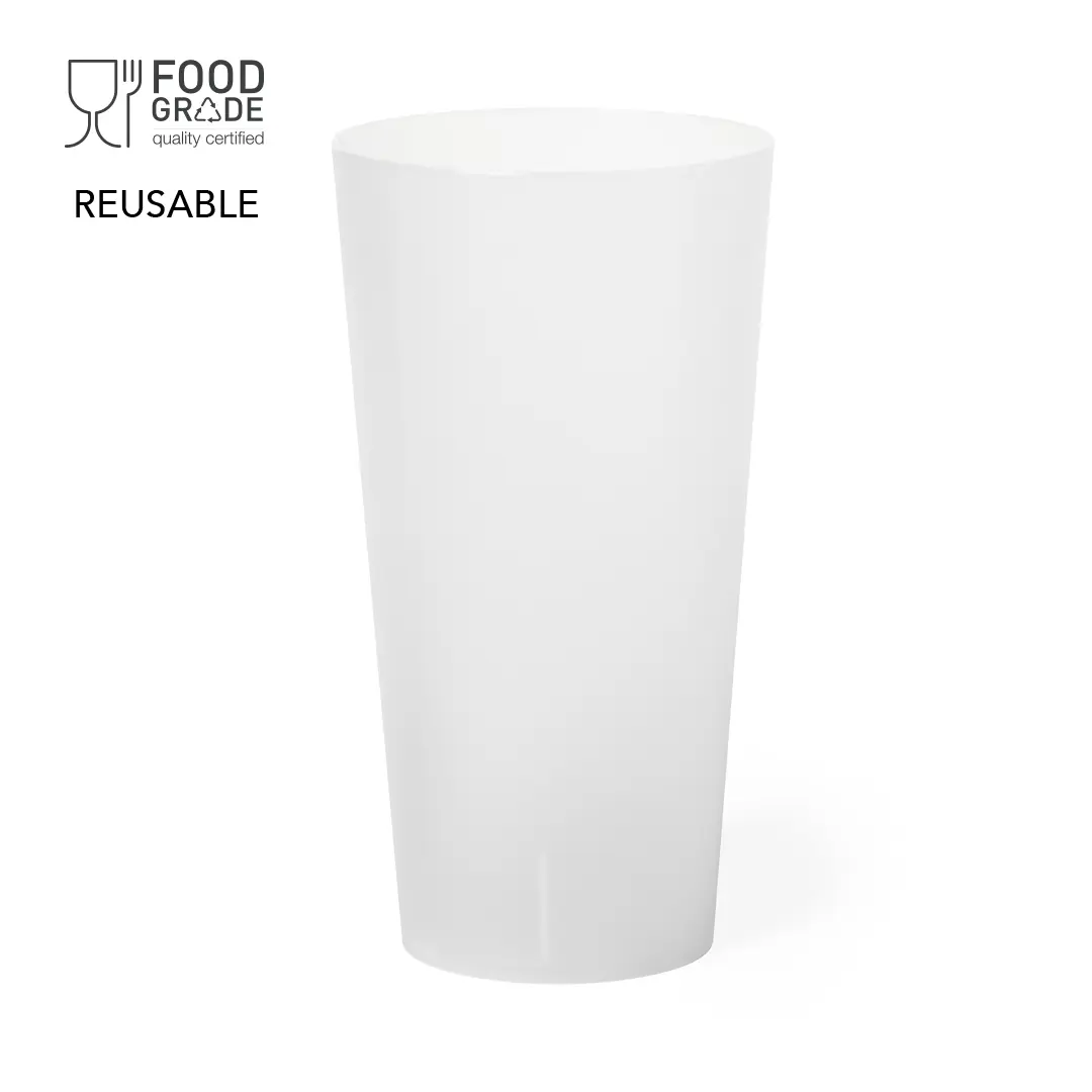 Vaso blanco reutilizable de plástico apto para uso alimentario.