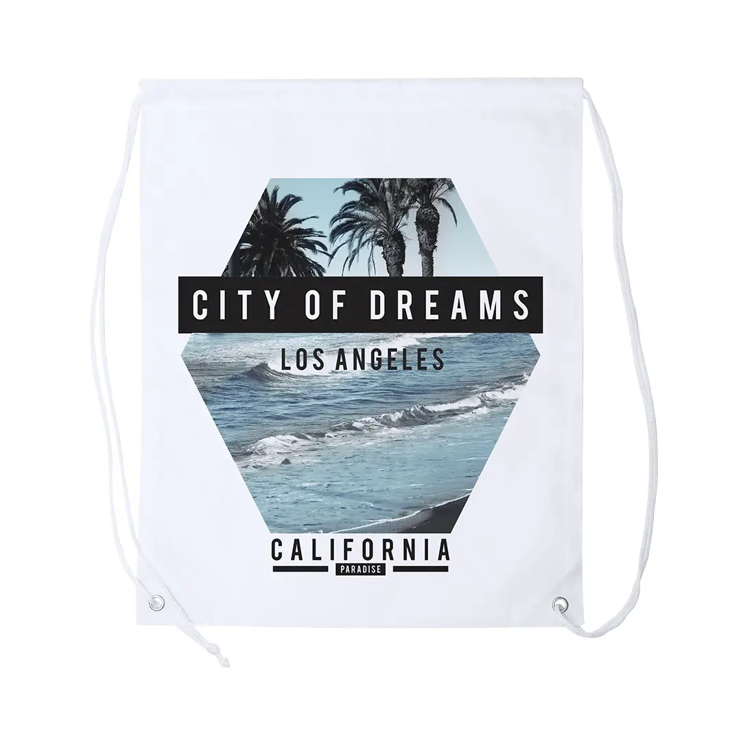 Mochila saco blanca con estampado de palmeras y mar con texto "City of Dreams Los Angeles California".