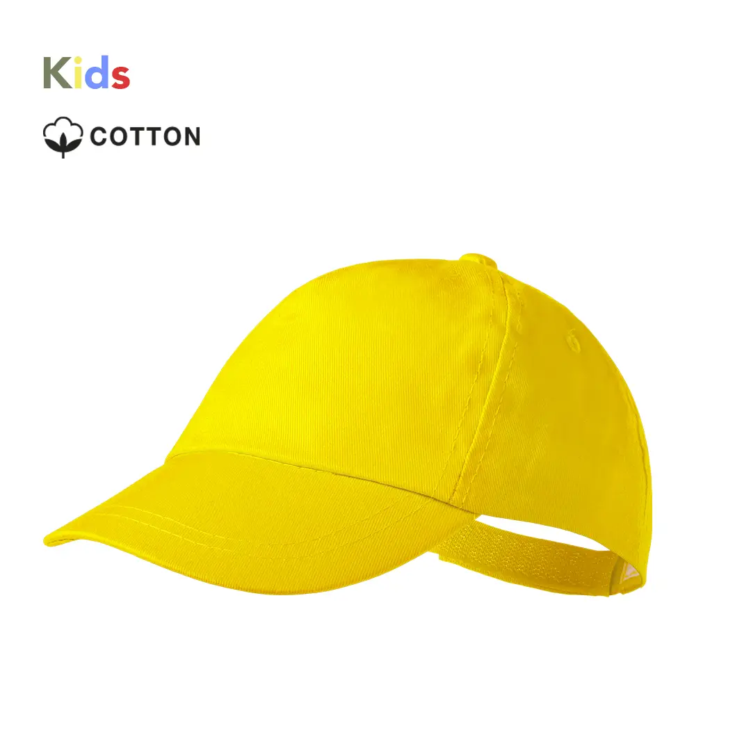 Gorra infantil amarilla de algodón con cierre ajustable.