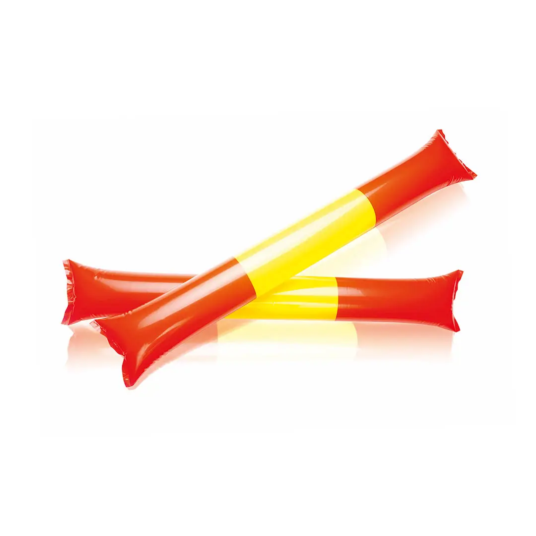Dos bastones inflables de plástico en colores rojo y amarillo.