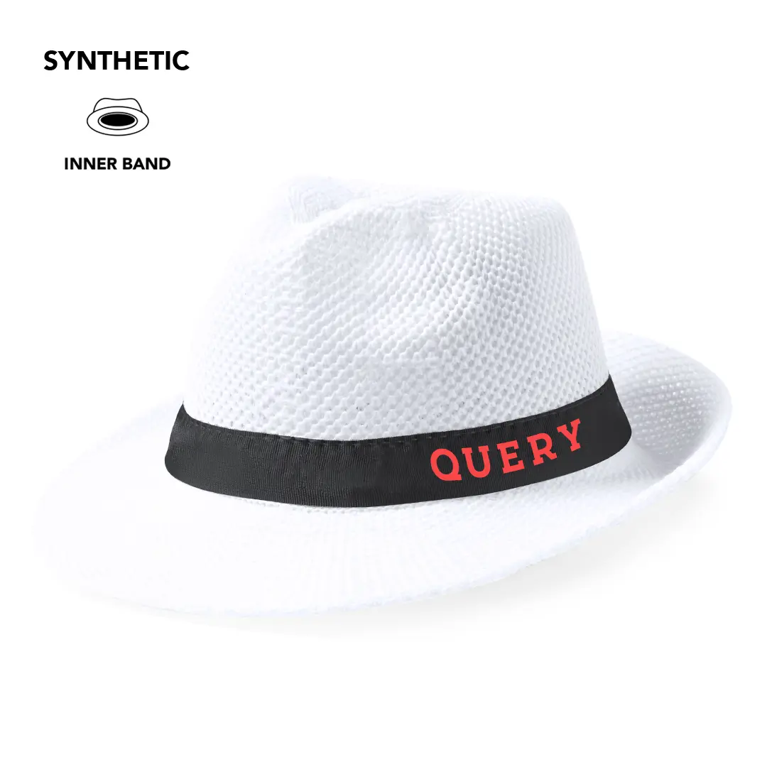 Sombrero blanco de material sintético con cinta negra y banda interior.