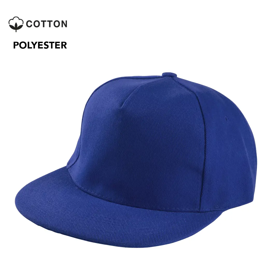 Gorra azul de poliéster con visera plana.