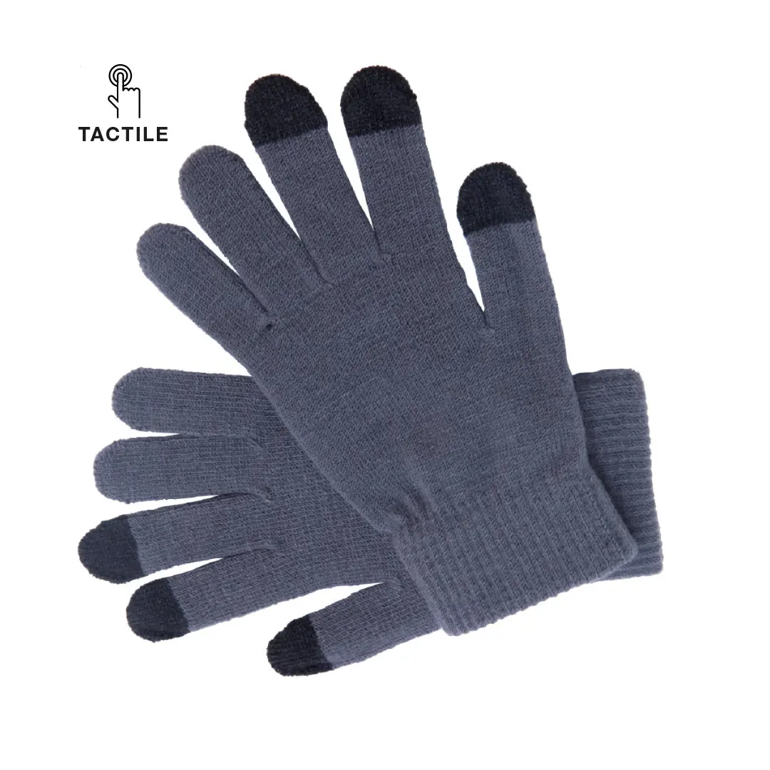 Guantes de punto gris con puntas negras táctiles para pantalla.