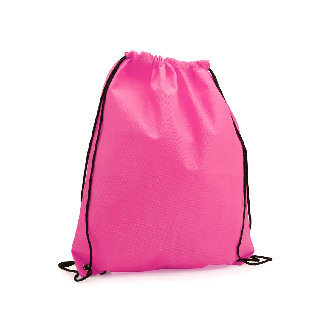 Mochila saco rosa con cordones negros para uso deportivo o casual.