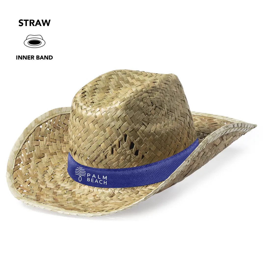 Sombrero de paja con cinta azul y logo Palm Beach para protección solar.
