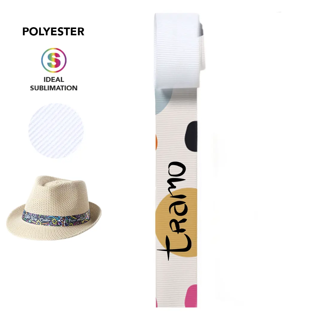 Cinta de poliéster blanca con diseño de círculos de colores y texto negro para sublimación.