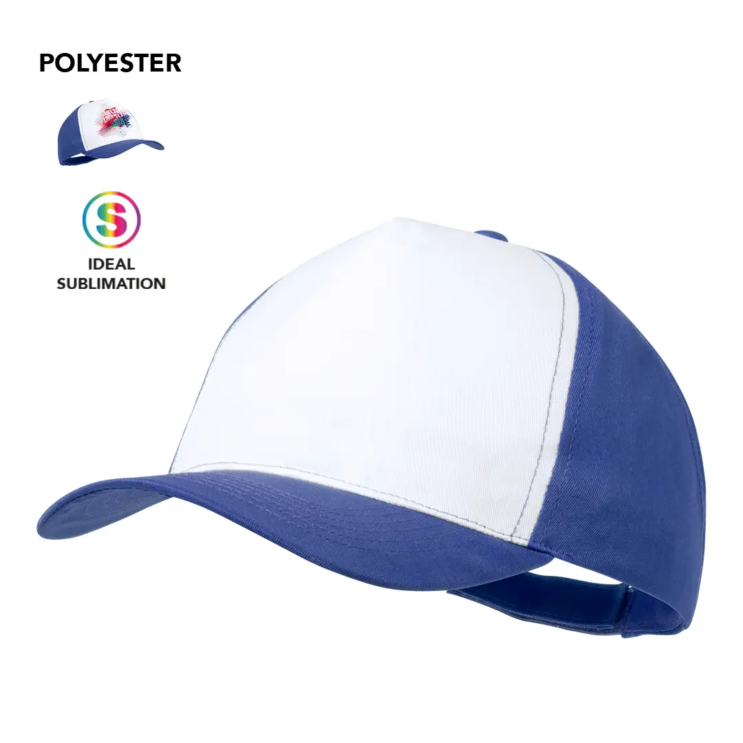 Gorra de poliéster blanca y azul ideal para sublimación con cierre ajustable.