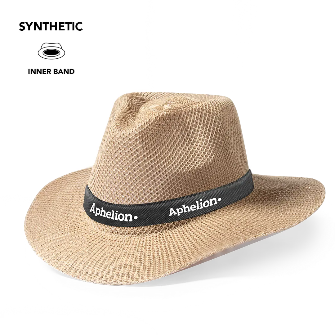 Sombrero de paja beige con cinta negra y logo Aphelion para protección solar.