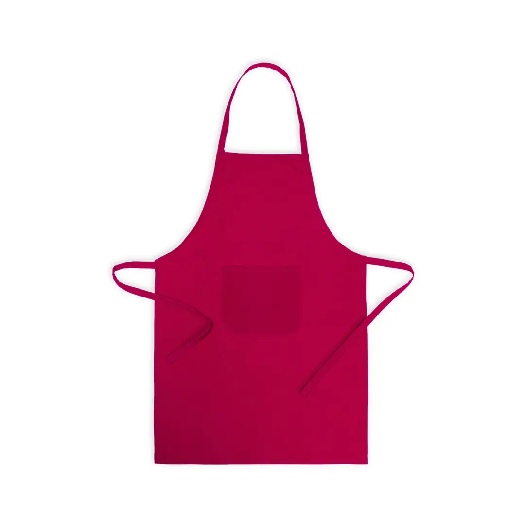 Delantal rojo de algodón con bolsillo central para uso en cocina.