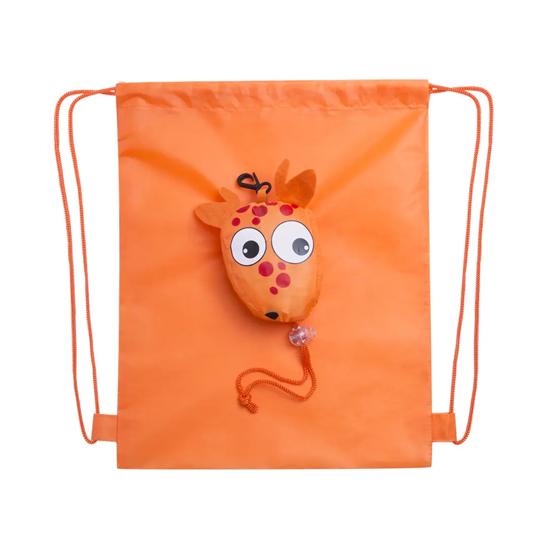 Mochila saco naranja con cordones y diseño de cabeza de animal con ojos grandes.
